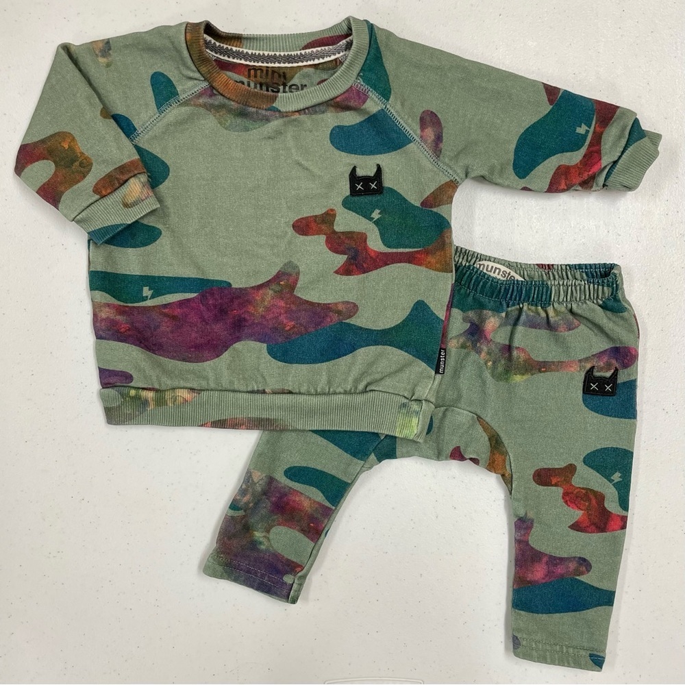 New Munster Kids Fleece Set Boys 3-6M Liquid Camo Crewneck Sweatshirt Sweatpants